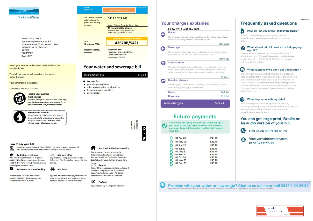 United Kingdom Yorkshire water utility bill template in Word and PDF format (2 pages)
